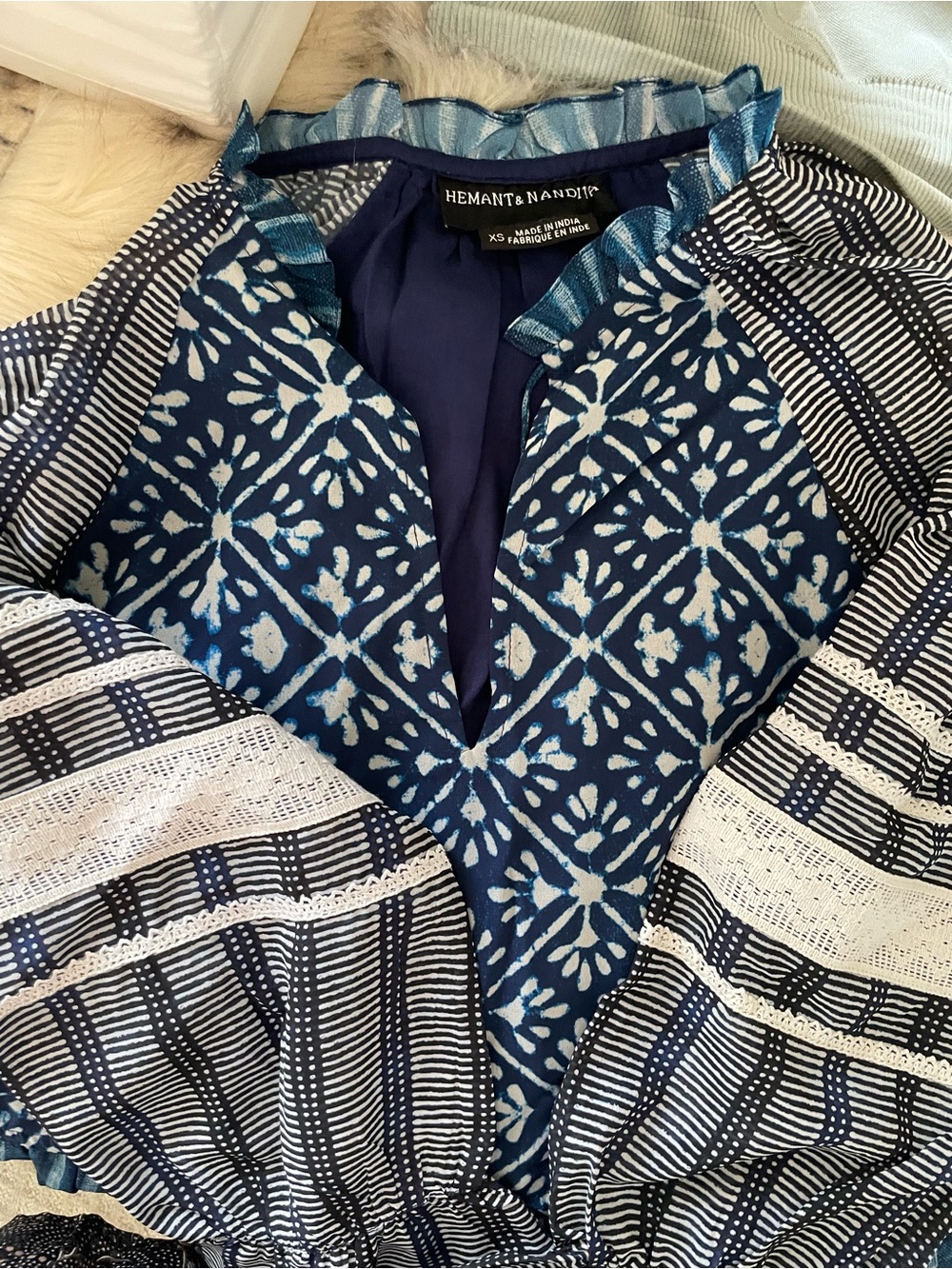 Anthropologie Blue Patterned V-Neck Tiered Mini Dress - Picture 3 of 3
